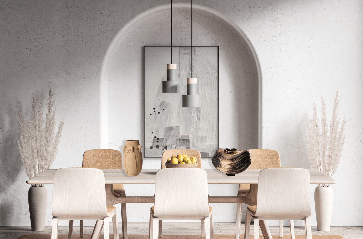 Modern dining area with untitled square ceramic vase decor