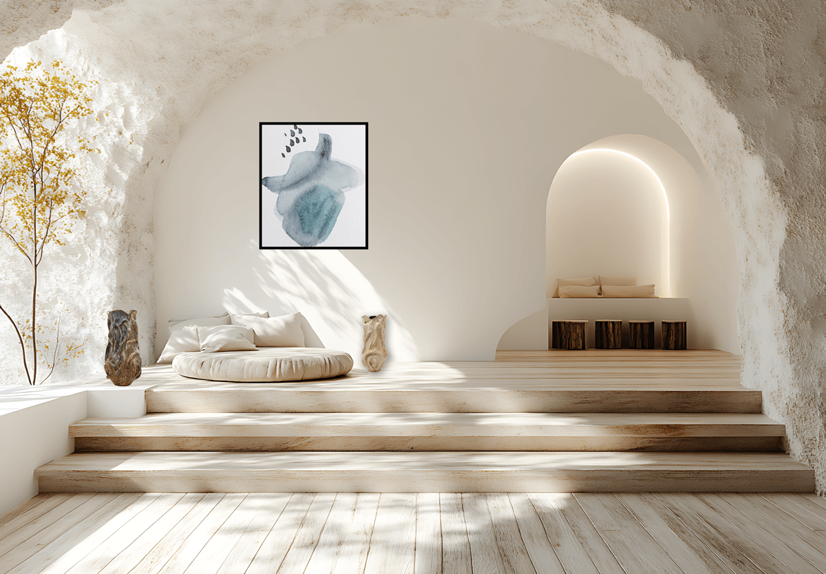 Minimalist interior with artwork and seating
